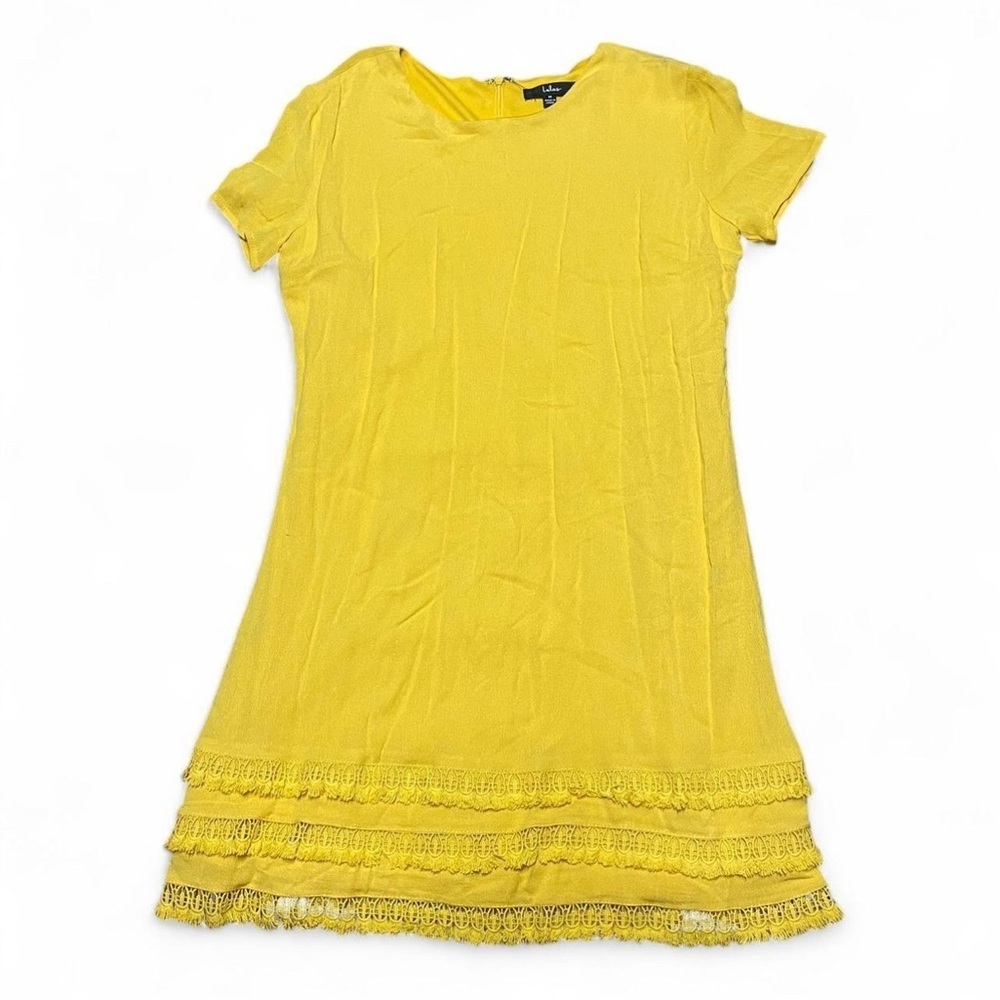 Lulus' Golden Yellow Buenos Aires Short Sleeve Fringe Hem Mini Dress Size M